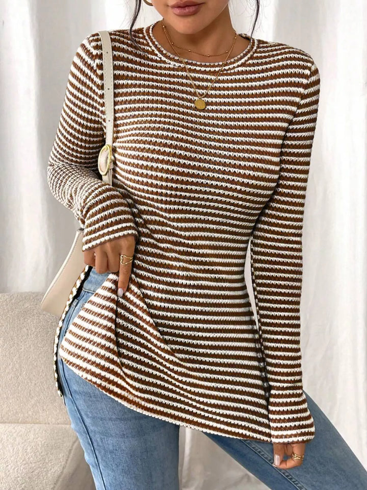 Brown Slit-hem striped textured knit long sleeve top