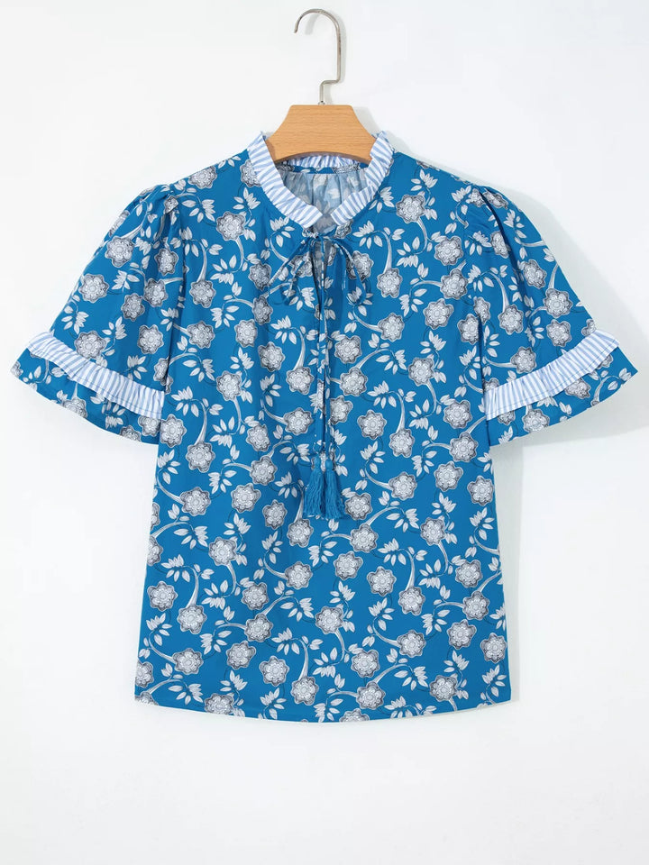 Floral print blouse with ruffle sleeves and split neck tie