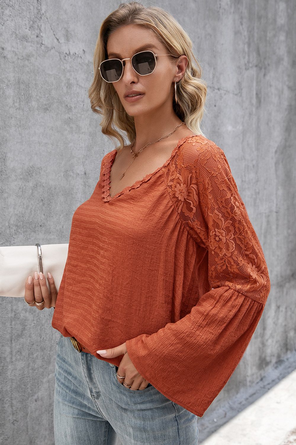 Floral lace panel V-neck bell sleeve top