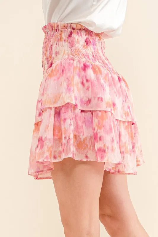 Lurex print tiered smocked waist mini skort