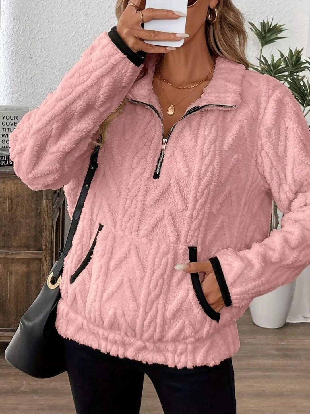 Textured fleece half-zip pullover with kangaroo pocket