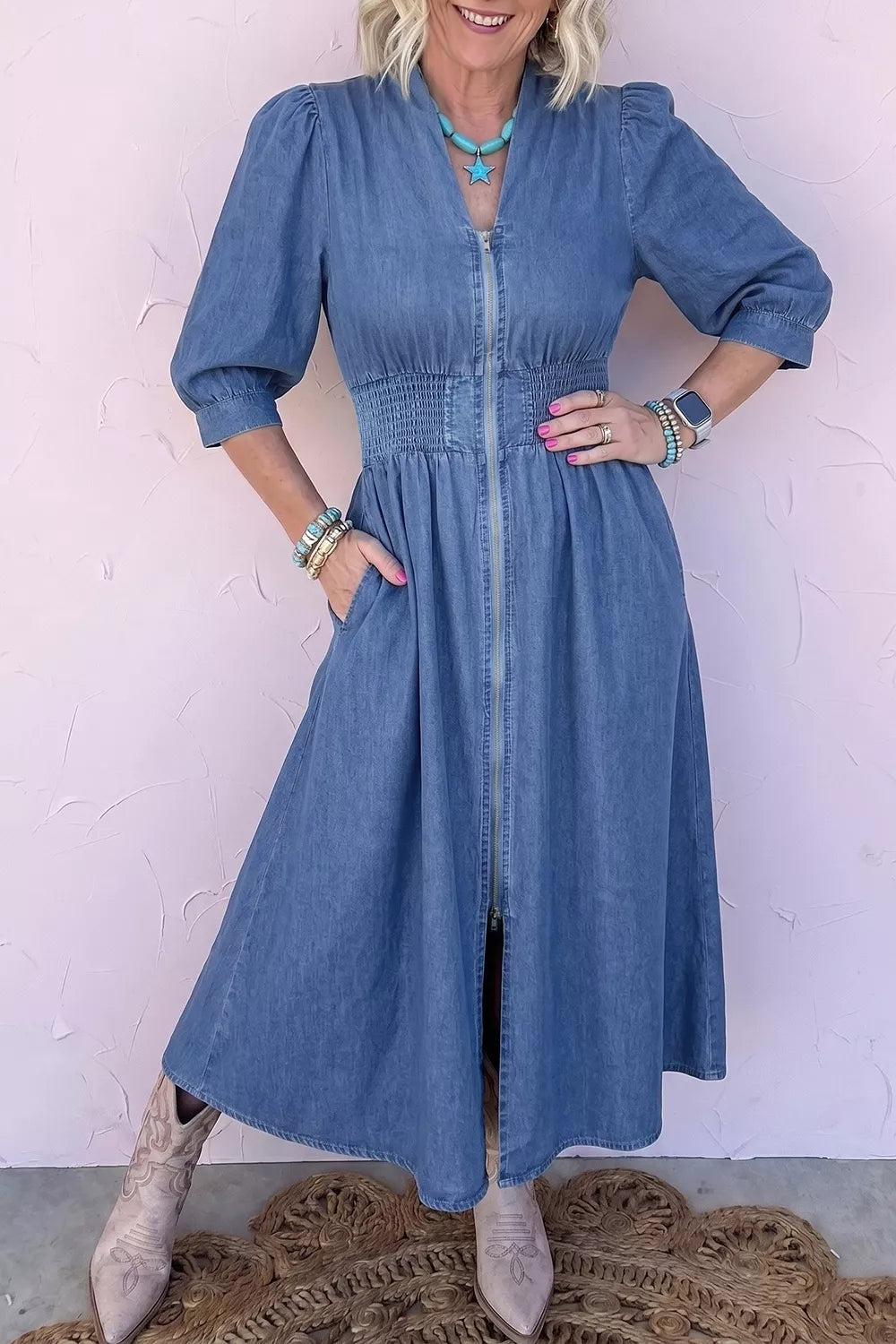 Zip-front denim midi dress with smocked waist and puff sleeves