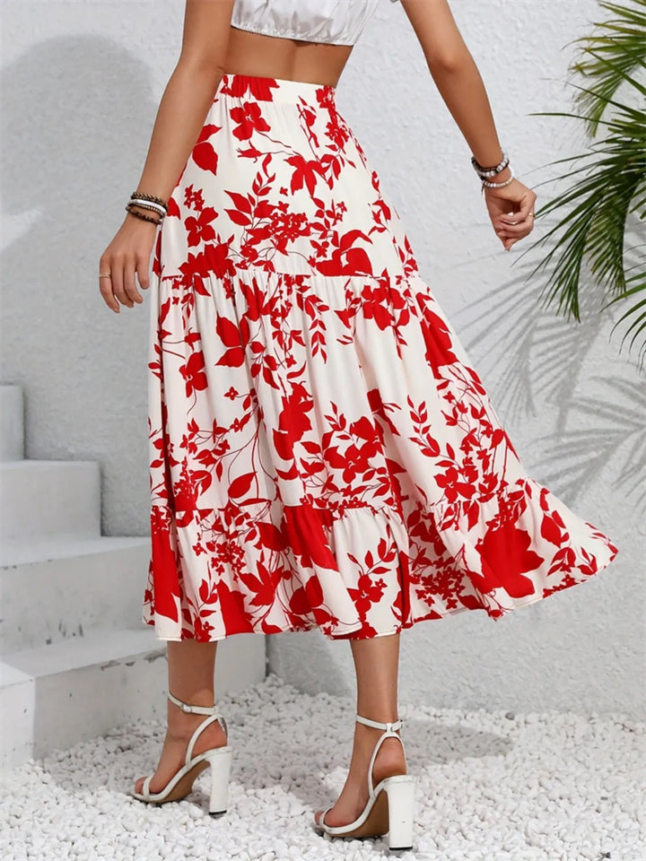 Floral ruffle-hem midi skirt with drawstring waist