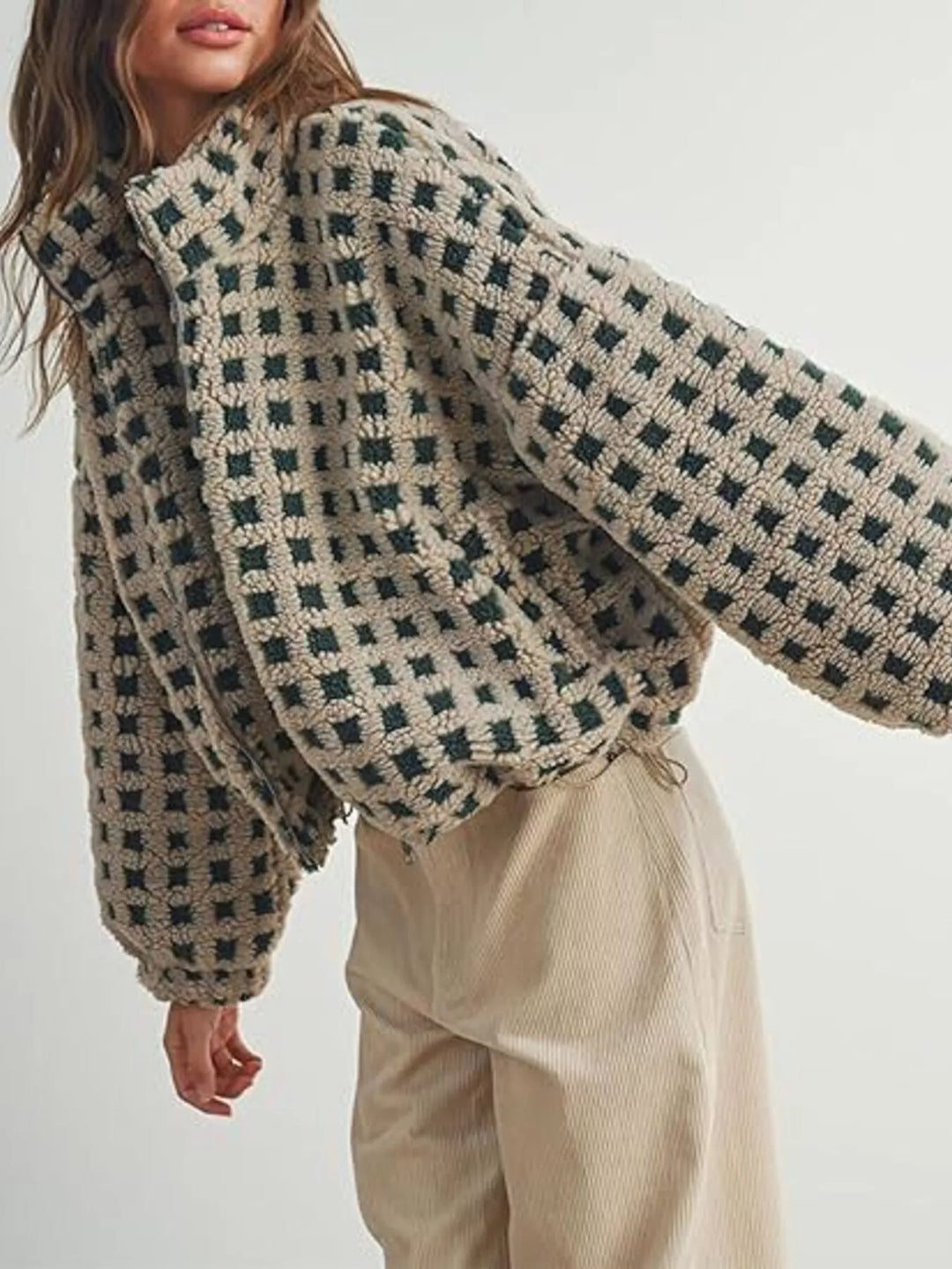 Plaid sherpa zip-up jacket with stand collar and drawstring hem