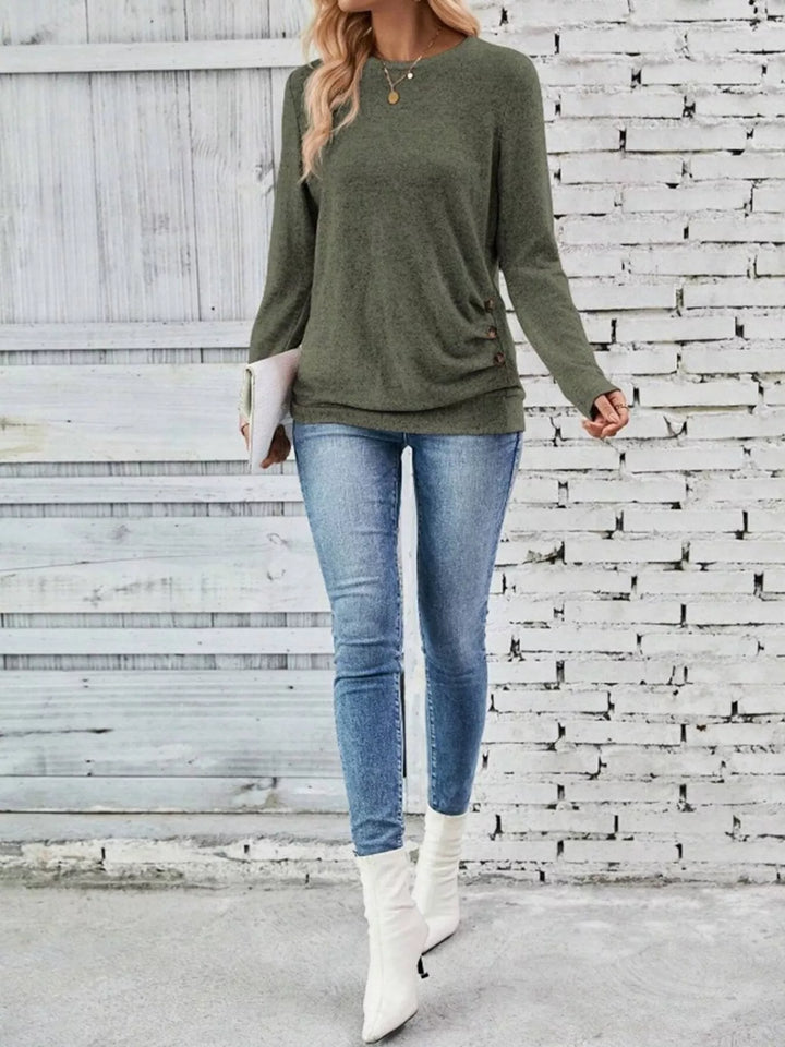 Decorative side-button long sleeve knit top