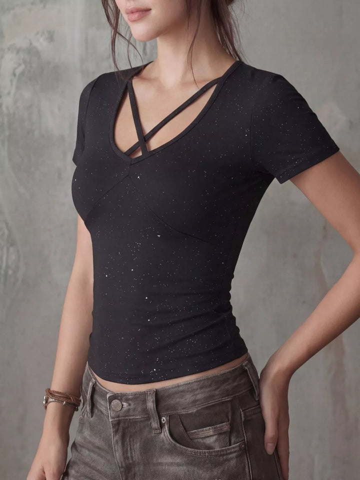 Short sleeve crop tee with crossover V-neck and glitter speckle