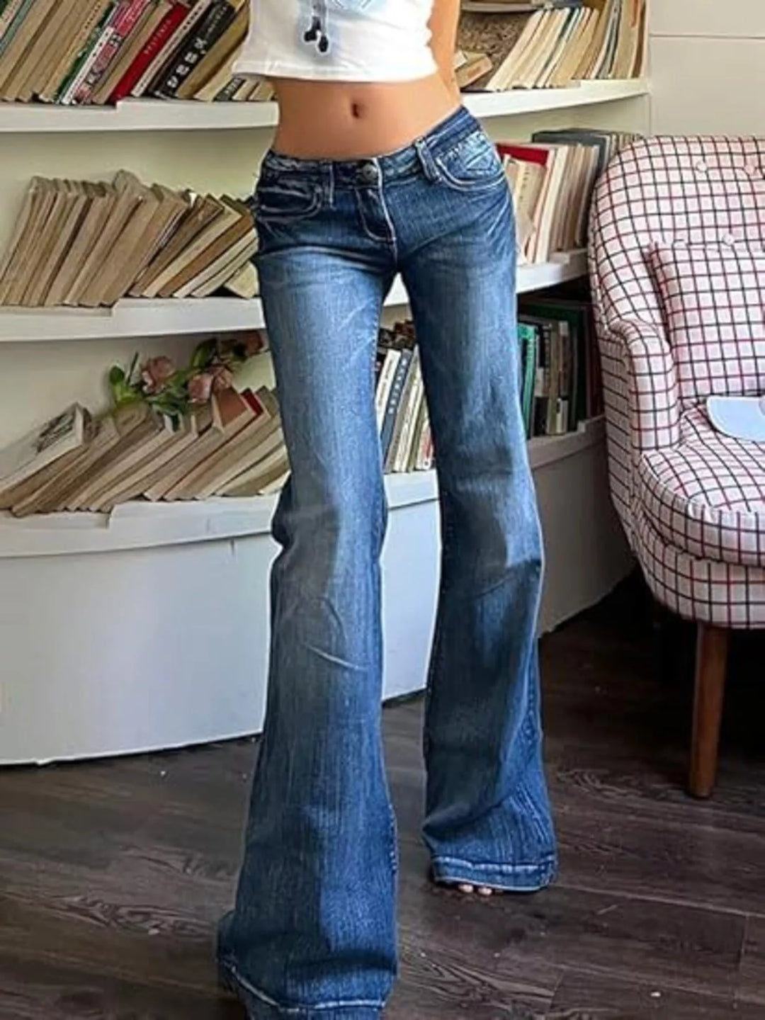 Dark Blue Low rise flare jeans with whiskered wash and full-length leg
