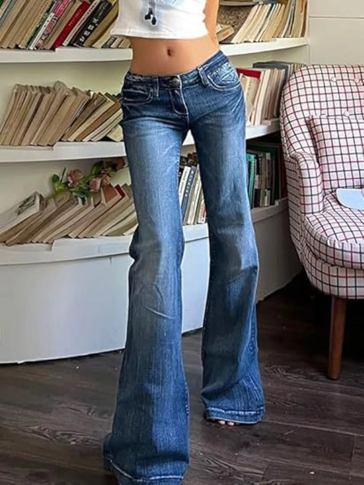 Dark Blue Low rise flare jeans with whiskered wash and full-length leg