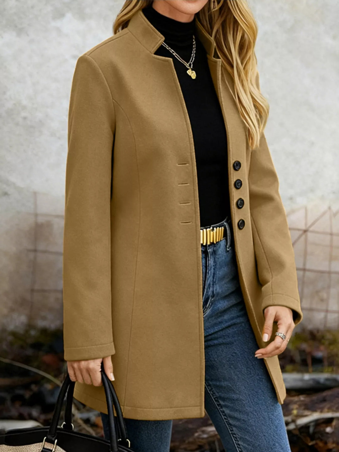 Single-breasted stand-collar longline coat