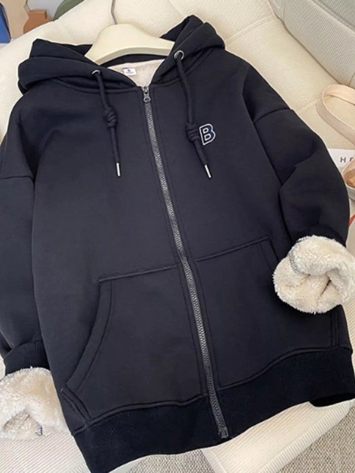Fleece-lined zip-up hoodie with drawstring hood