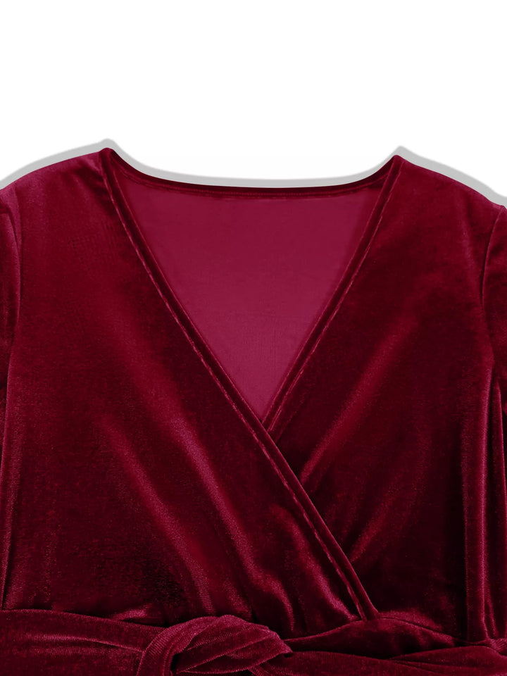 Velvet surplice wrap maxi dress with tie waist