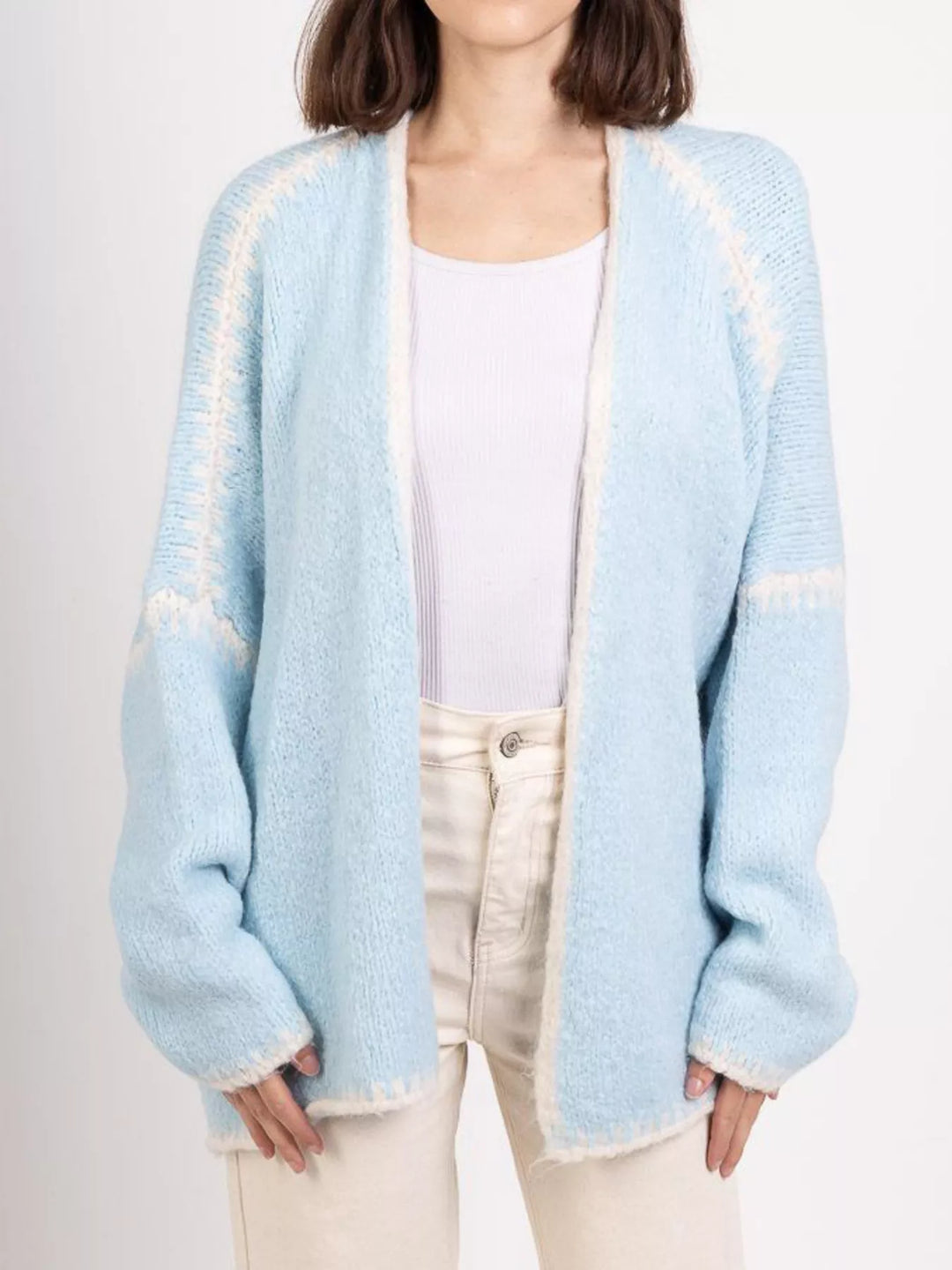 Light Blue Contrast whipstitch trim open front knit cardigan