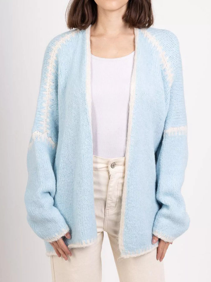 Light Blue Contrast whipstitch trim open front knit cardigan