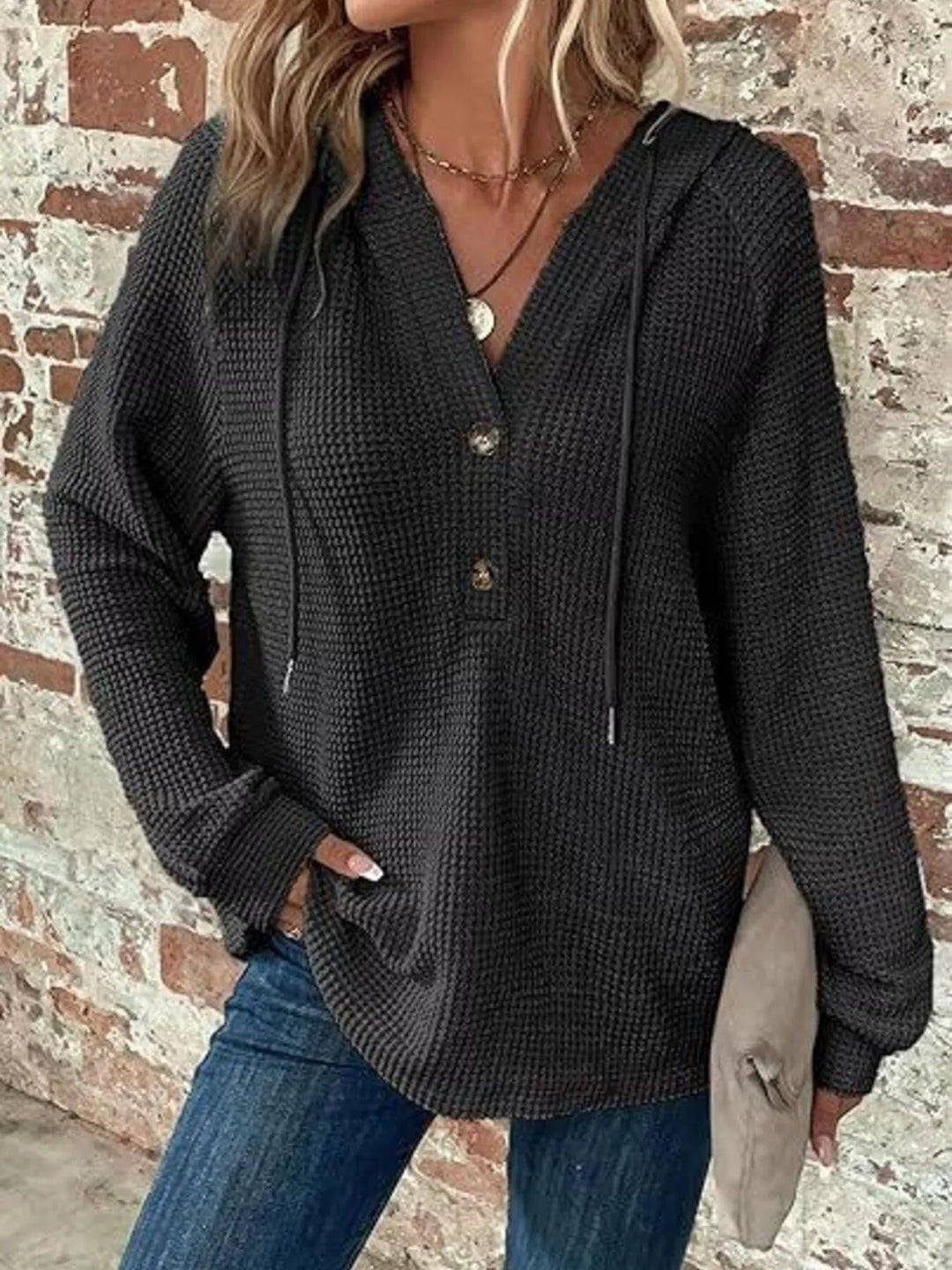 Button-detail waffle knit hoodie with drawstring hood