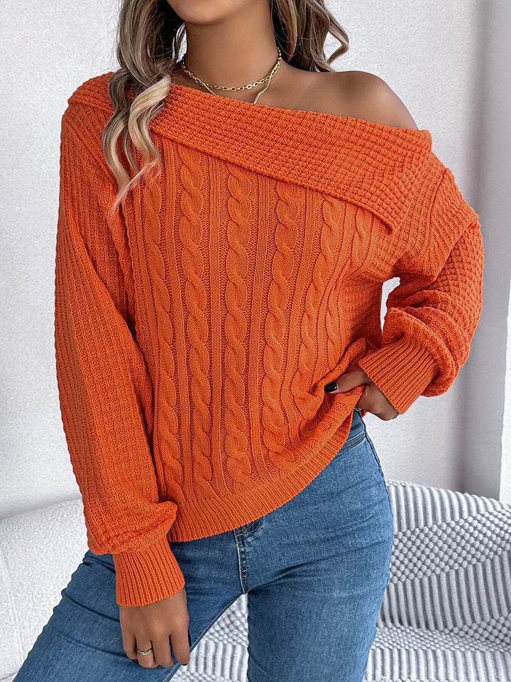 Cable knit one-shoulder sweater with fold-over ribbed collar