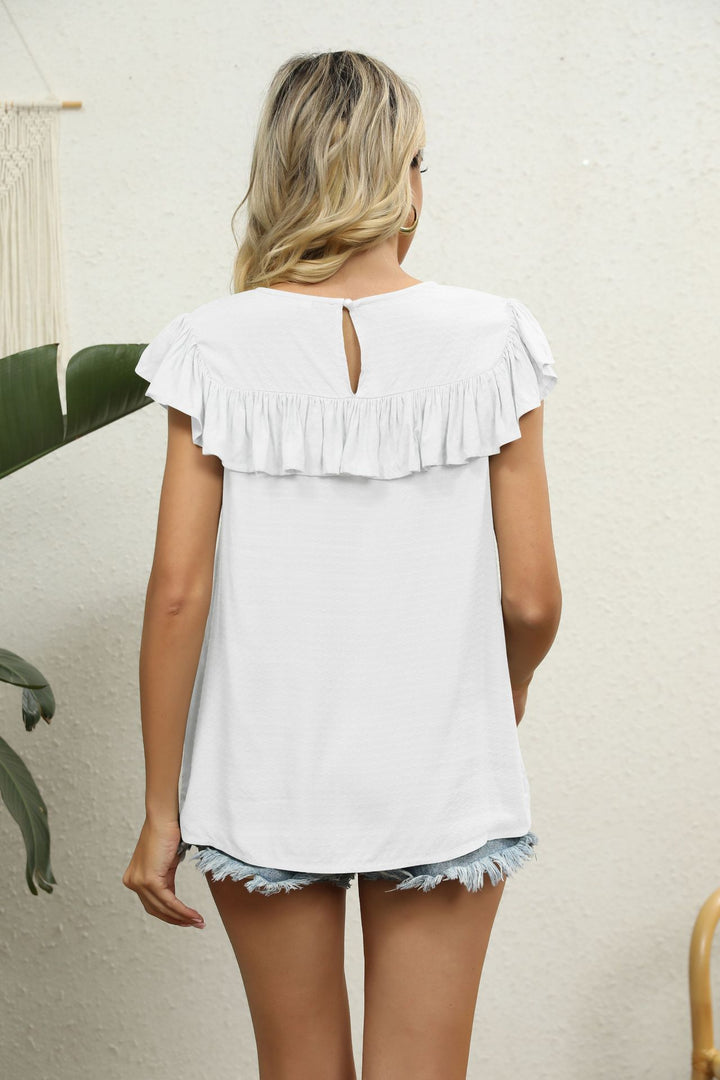 Crochet lace yoke flutter sleeve ruffle blouse