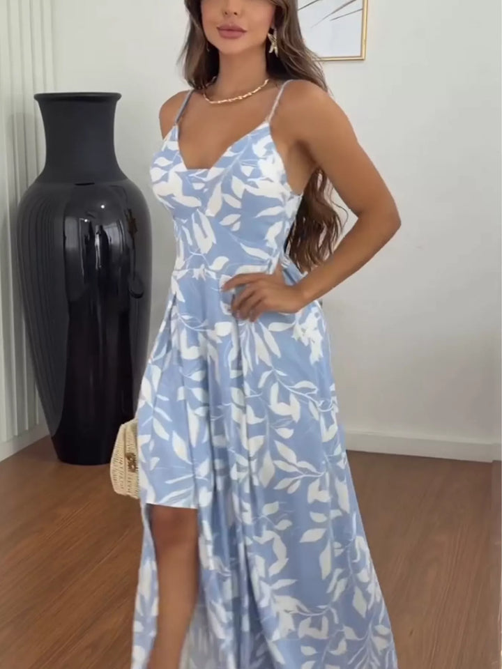 Botanical print spaghetti strap maxi dress with side slit