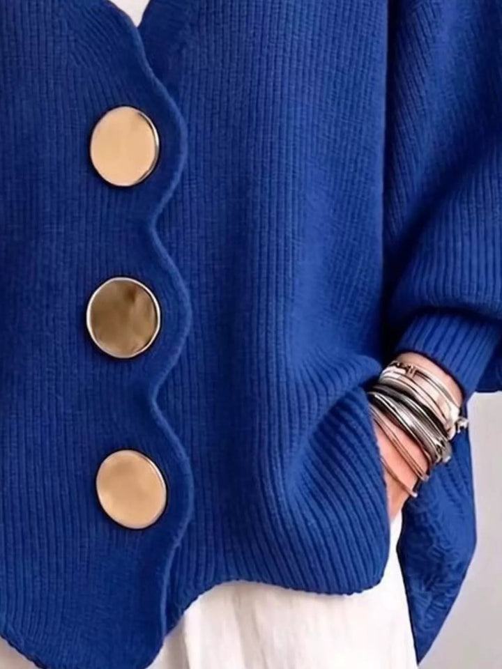 Scalloped-edge ribbed knit oversized button-down cardigan