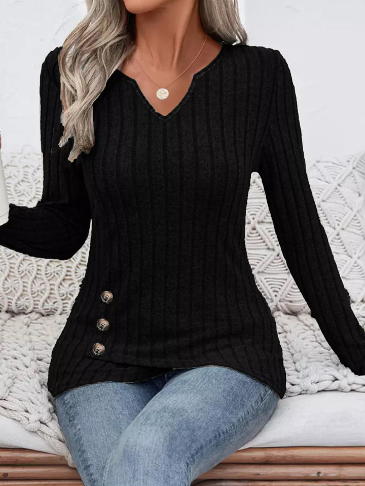 Ribbed knit notched-neck long sleeve top with side buttons