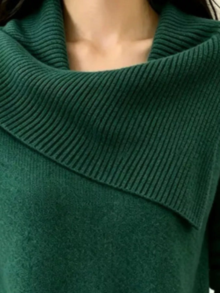 Asymmetric foldover ribbed collar knit pullover sweater