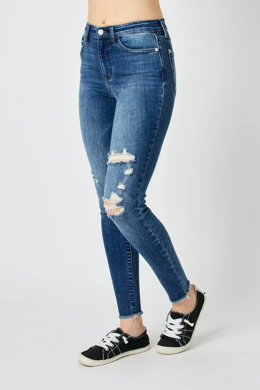 Judy Blue high-rise distressed skinny jeans with frayed hem