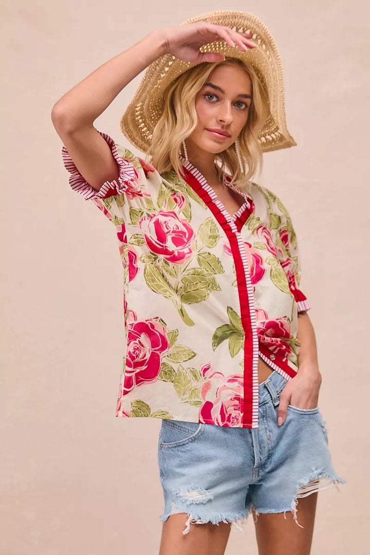 Floral rose cotton blouse with contrast trim and ruffle cuffs