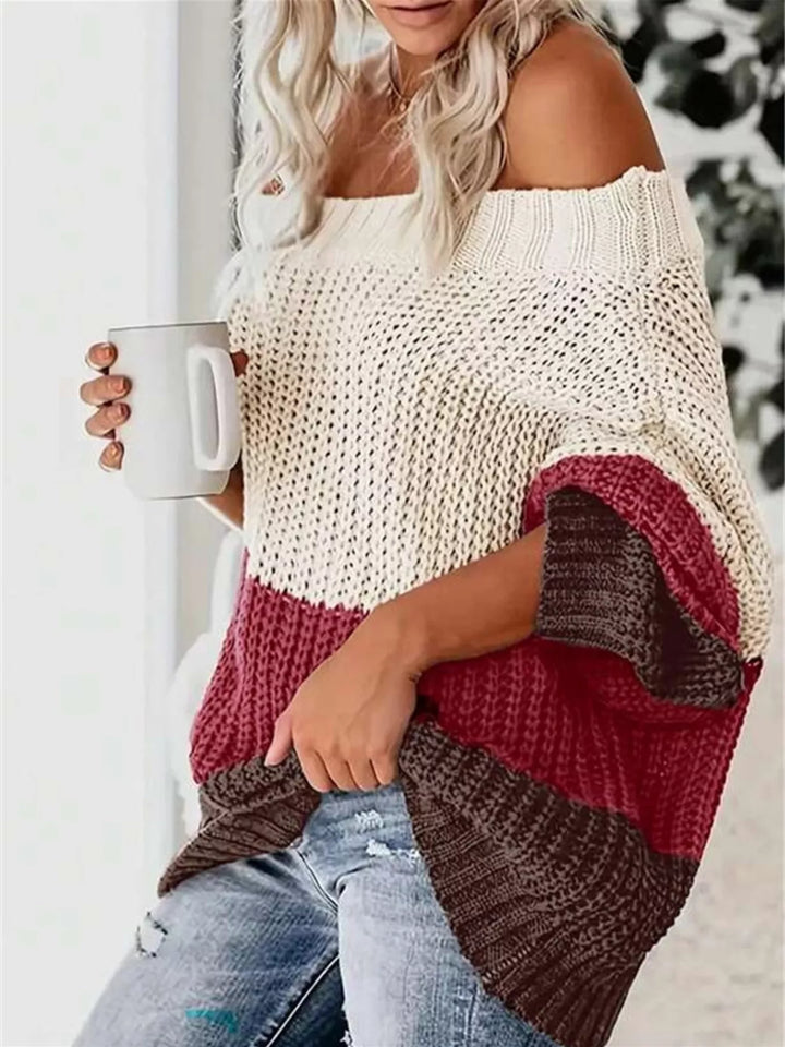 Off-shoulder color block waffle knit sweater