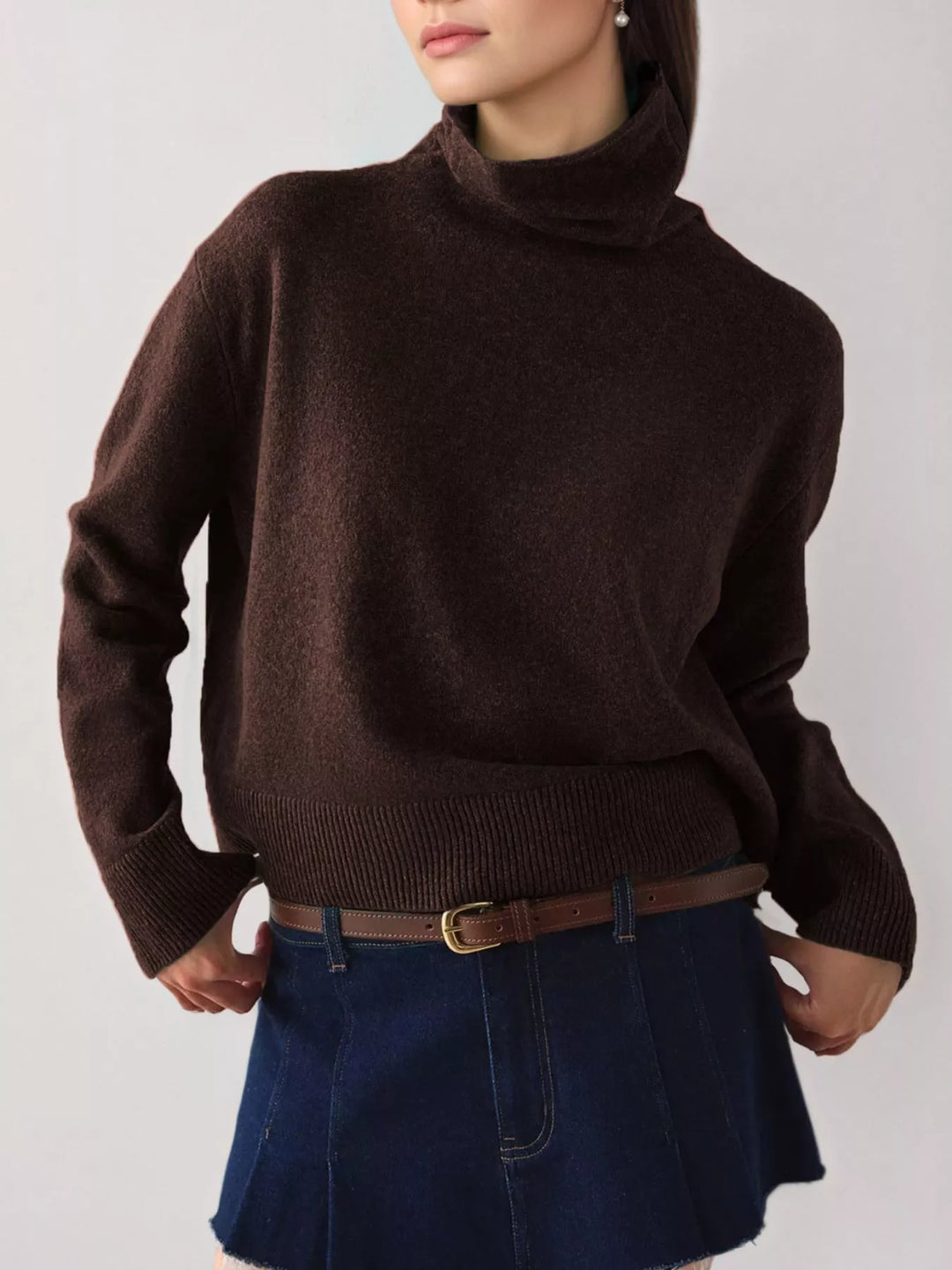 Brown Turtleneck drop shoulder sweater with ribbed hem