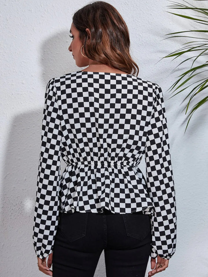 Checkered balloon sleeve peplum blouse with V-neck