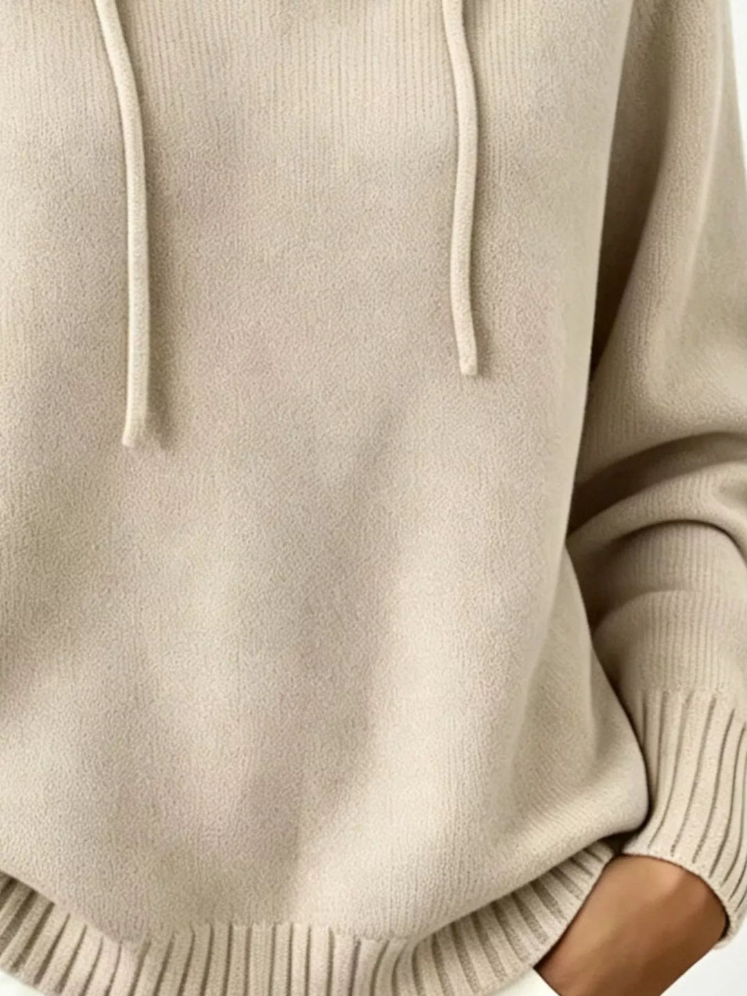 Drawstring hooded knit pullover sweater with ribbed trim