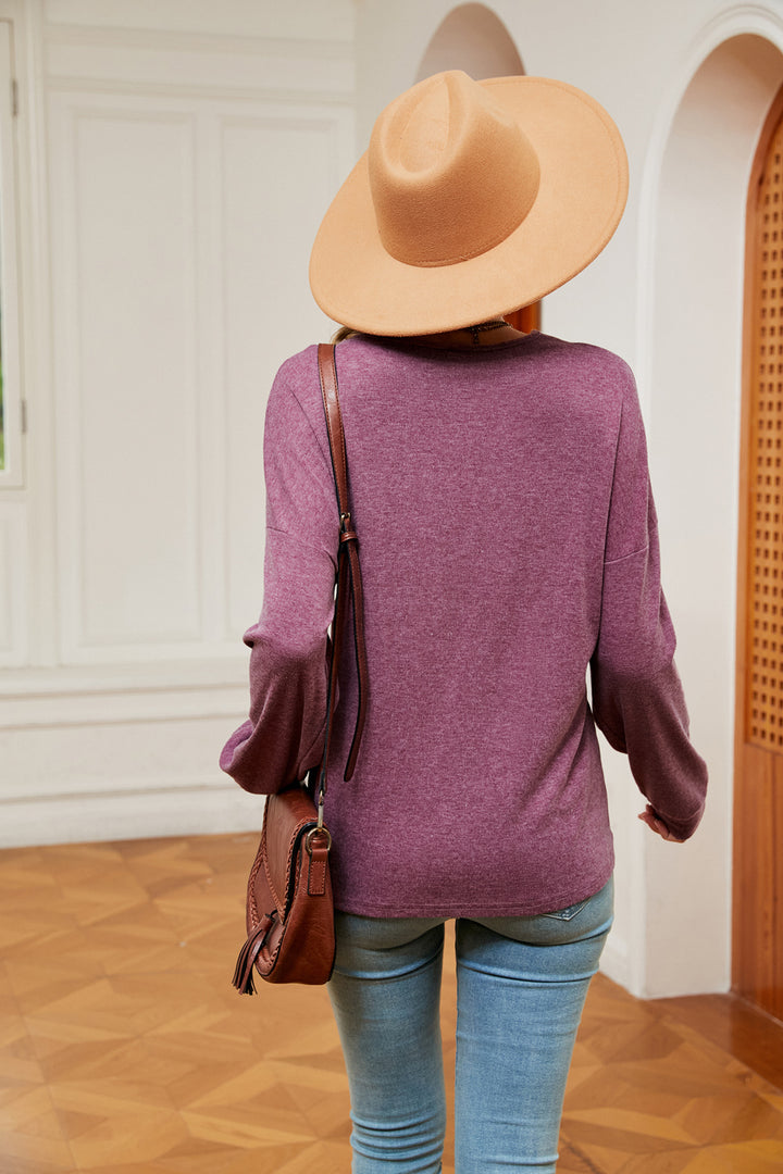 Crochet trim V-neck long sleeve knit blouse