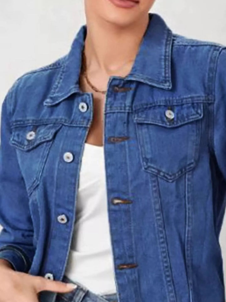 Cropped button-up denim trucker jacket with chest pockets