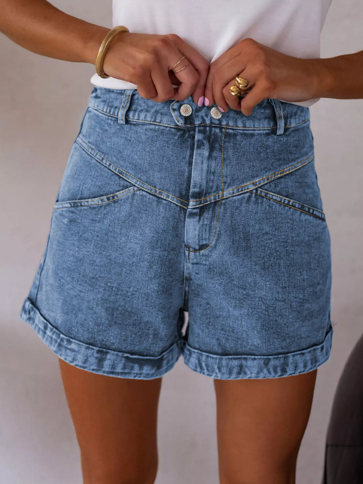 Medium High-rise cuffed denim shorts with double-button waist