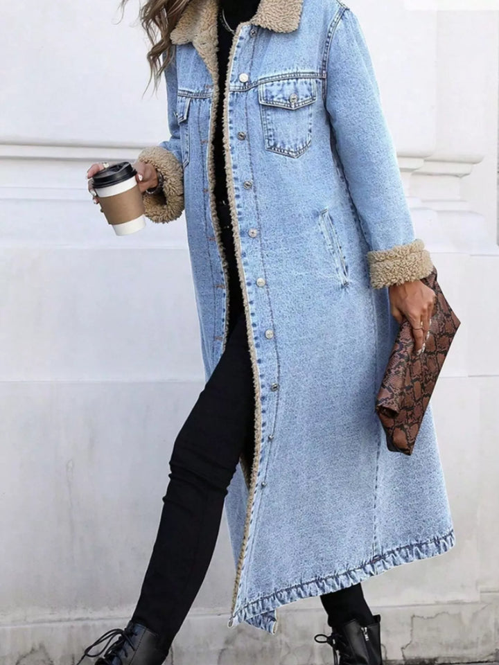 Sherpa-lined longline button-front denim jacket
