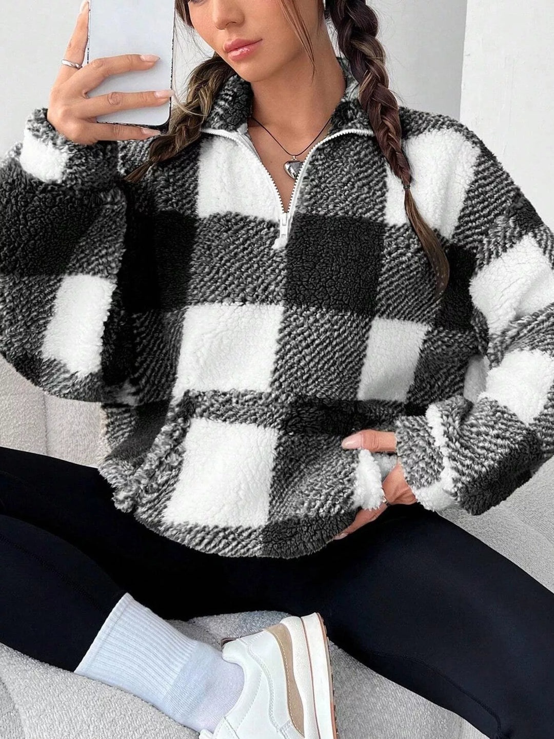 Black Plaid sherpa quarter-zip pullover with front pocket