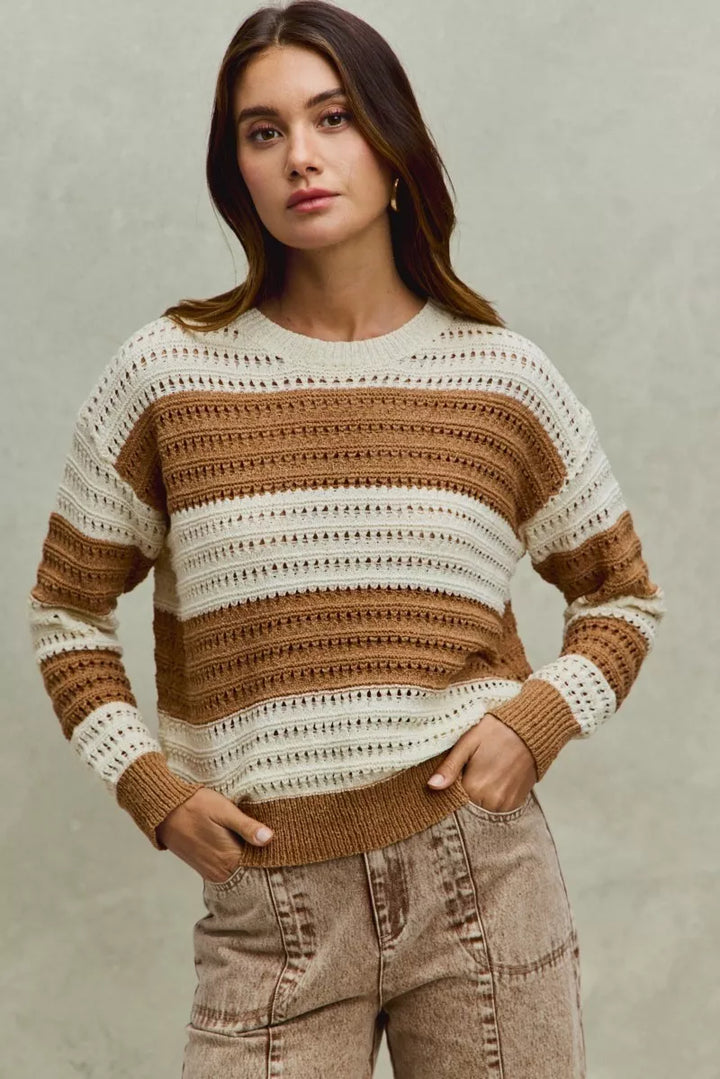 CREAM/TAUPE Openwork wide stripe textured knit crewneck sweater