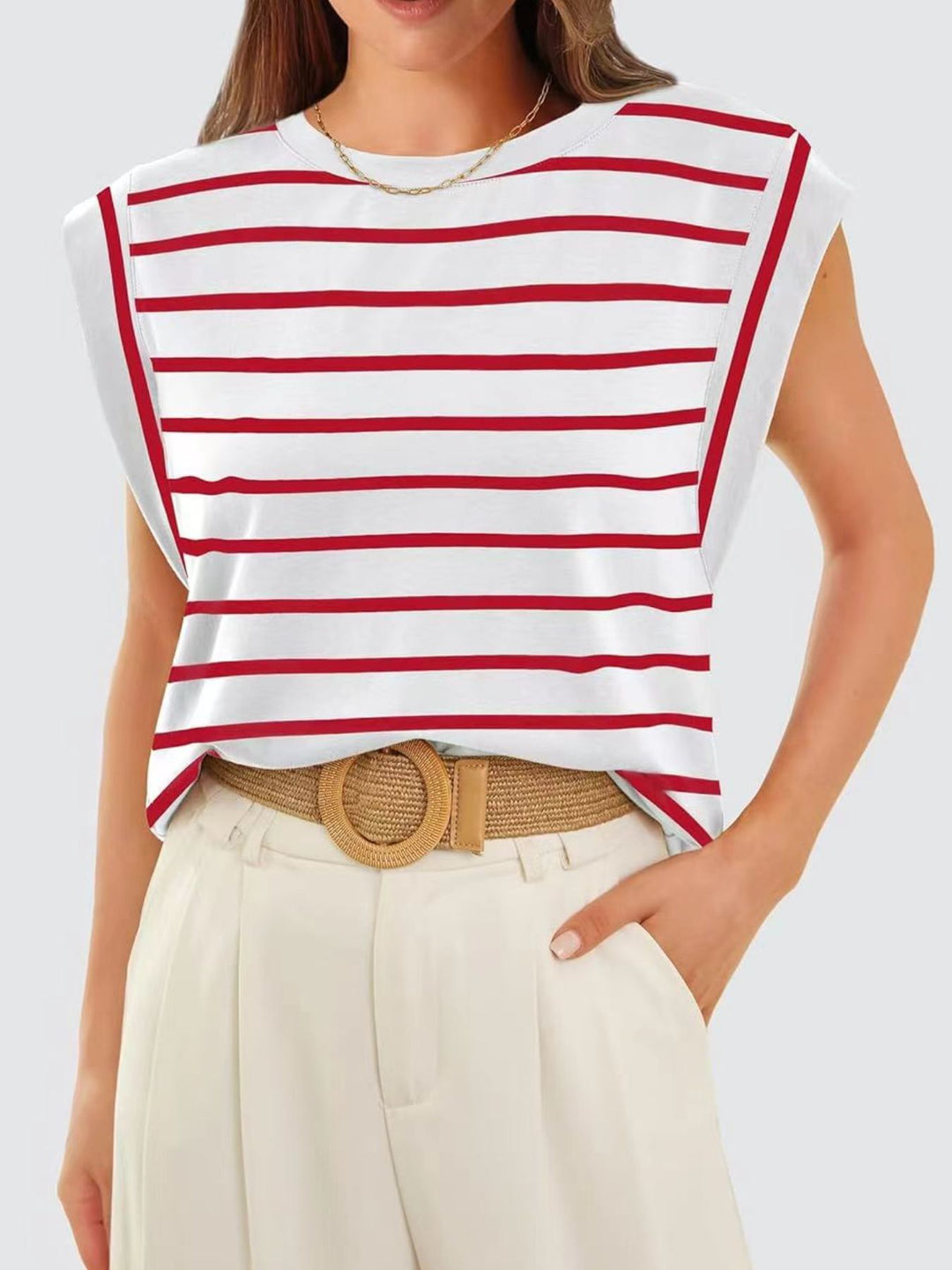 Striped cap-sleeve crew neck muscle tank top