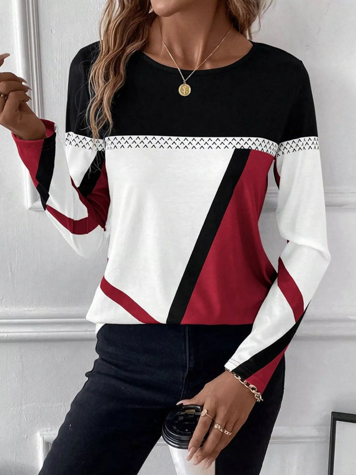 Geometric color block long sleeve crew neck top