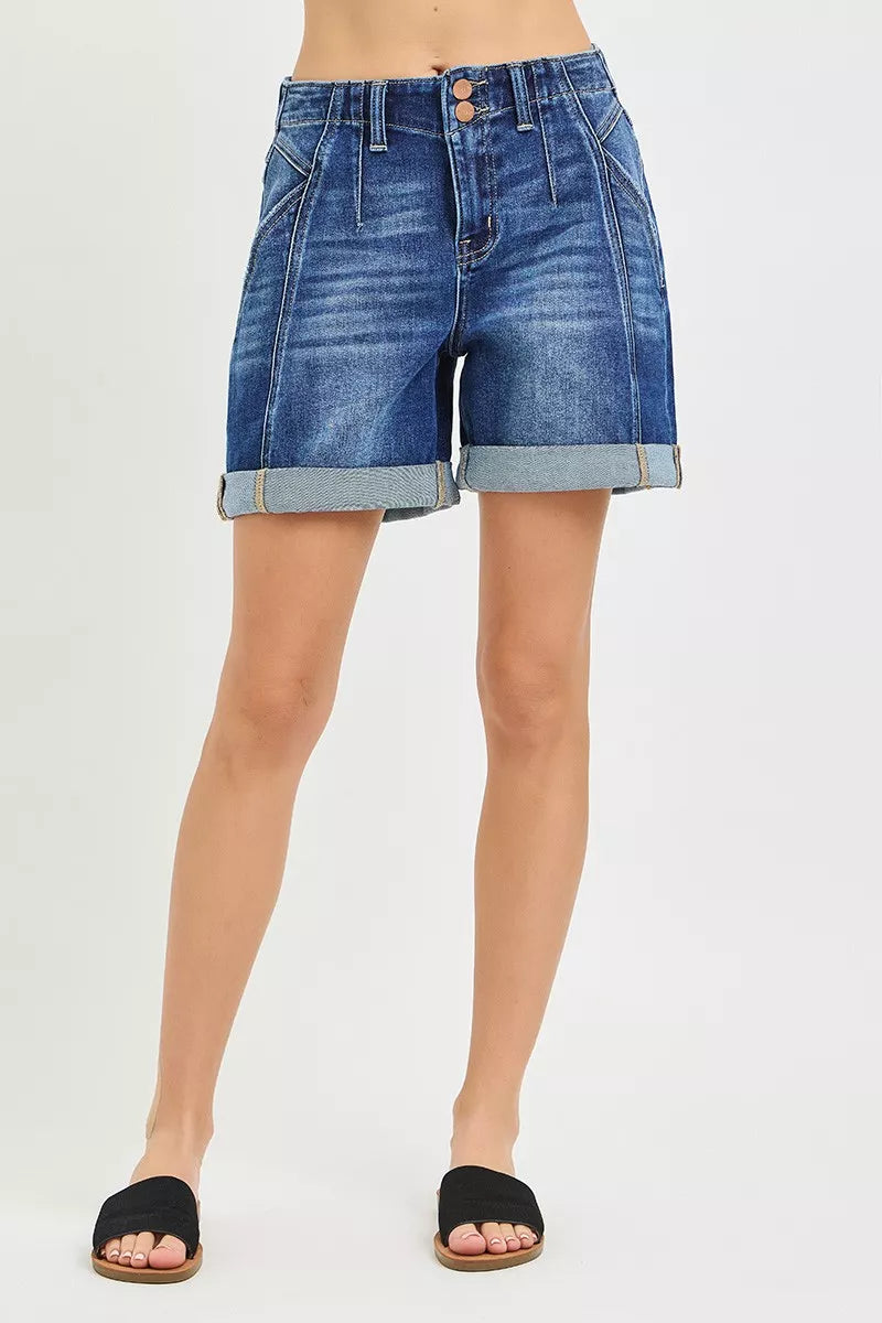 High-rise double-button seamed cuffed denim shorts