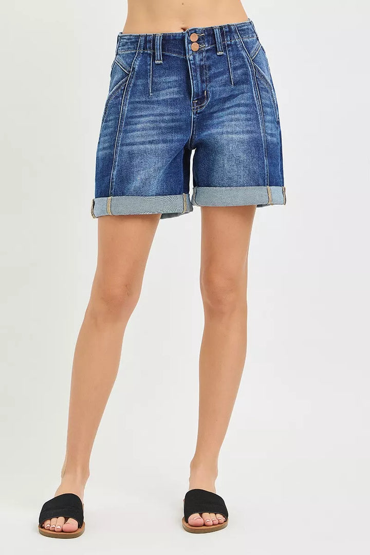 High-rise double-button seamed cuffed denim shorts