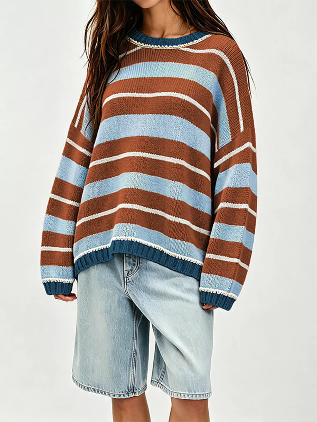 Oversized striped knit crew neck sweater with ribbed trim