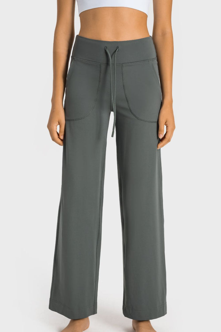 Sage High-waist drawstring wide leg pants with patch pockets