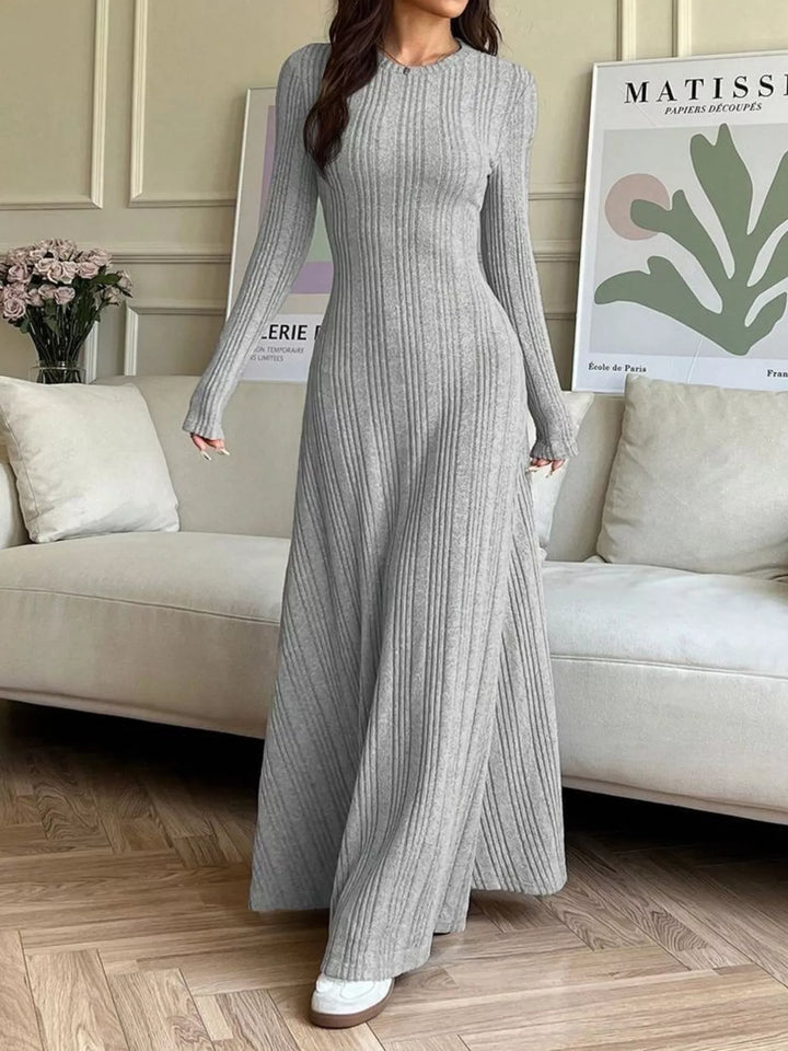 Gray Ribbed knit long sleeve maxi dress with flared skirt