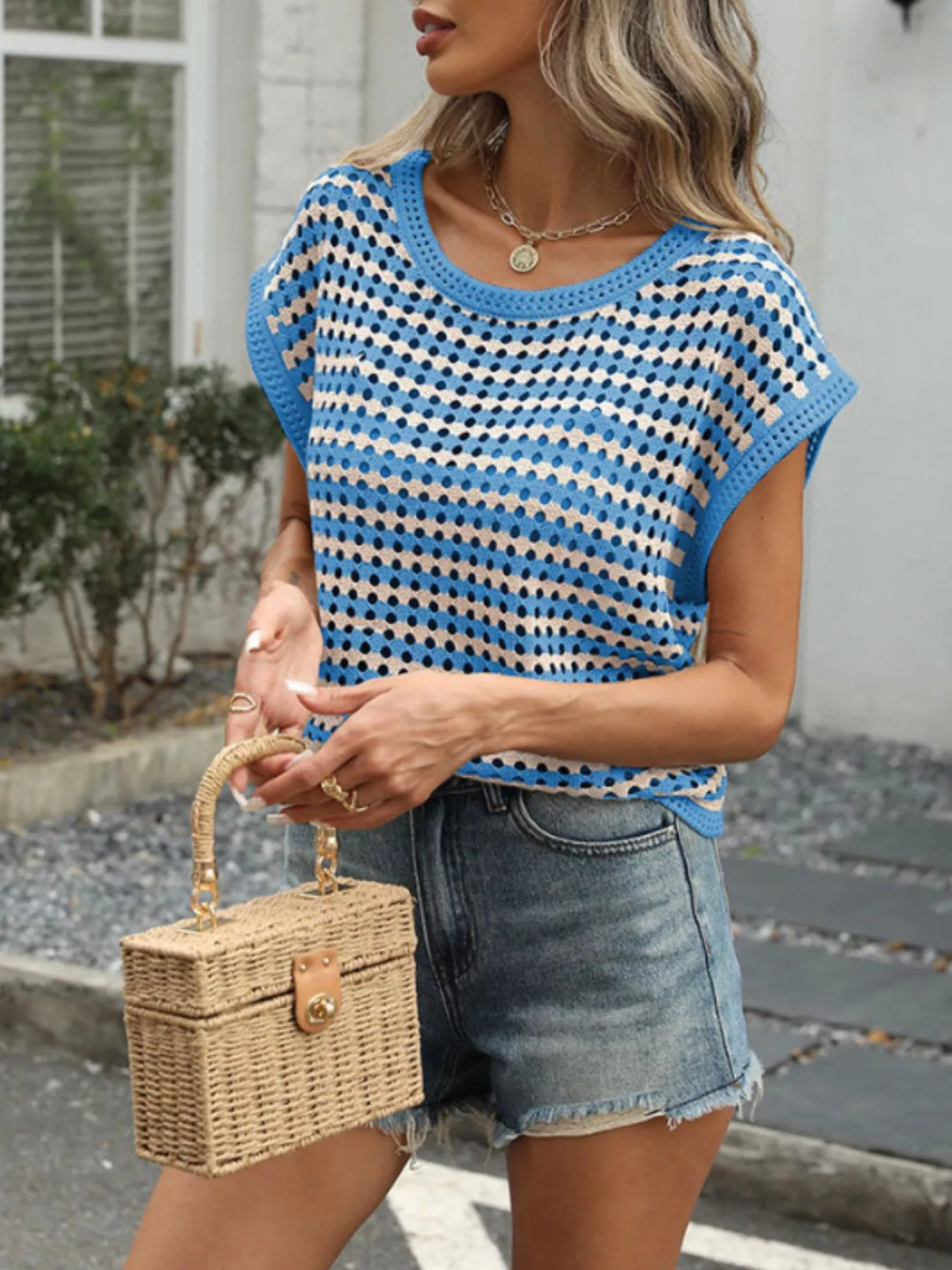 Striped openwork crochet knit top with cap sleeves