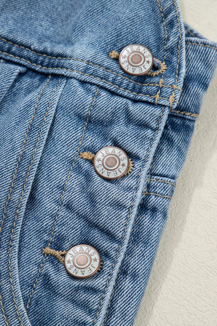 Pleated wide-leg denim overall jumpsuit with bib pocket