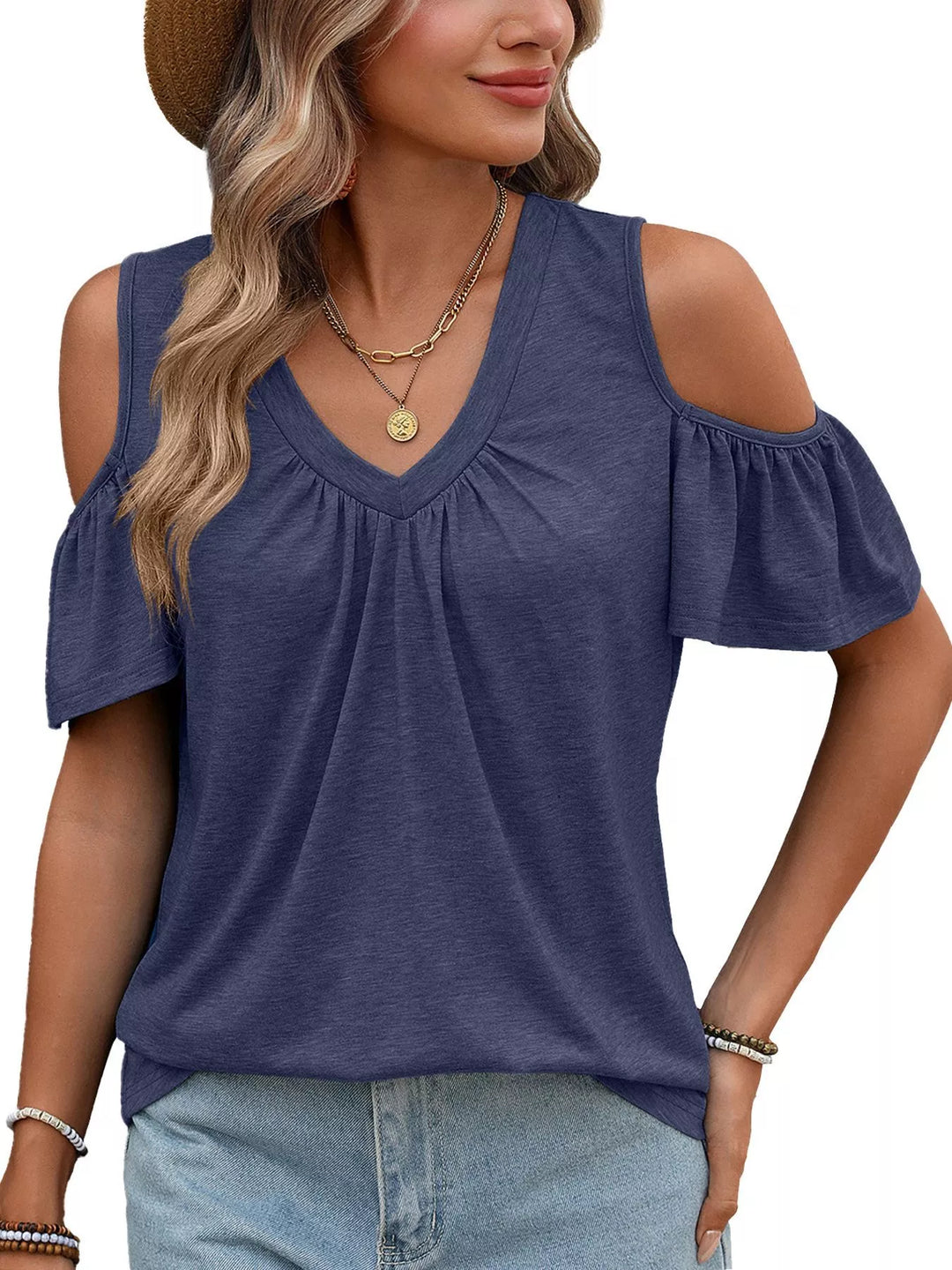 Navy Blue Cold shoulder V-neck top with ruched chest and ruffle sleeves