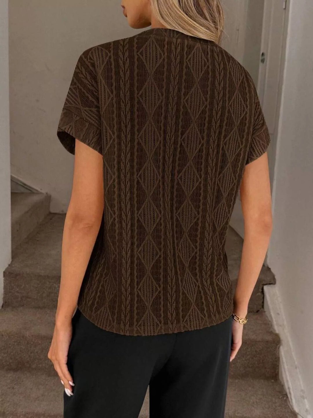 Textured diamond knit round neck top with cap sleeves