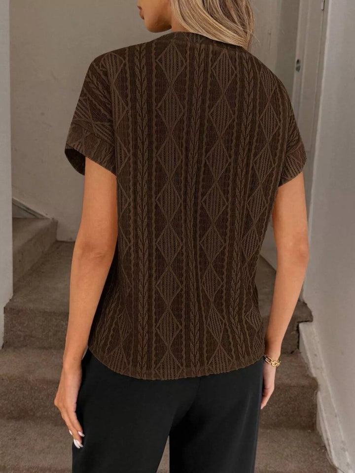 Textured diamond knit round neck top with cap sleeves