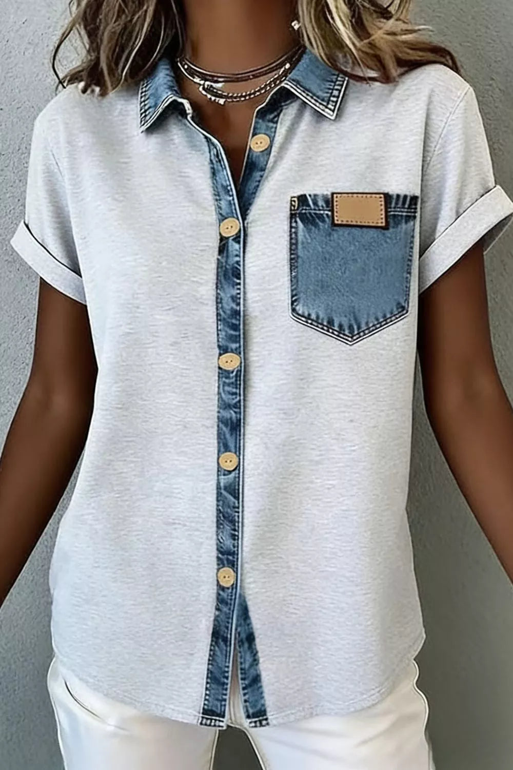 Contrast denim-trim short-sleeve button-down shirt with chest pocket