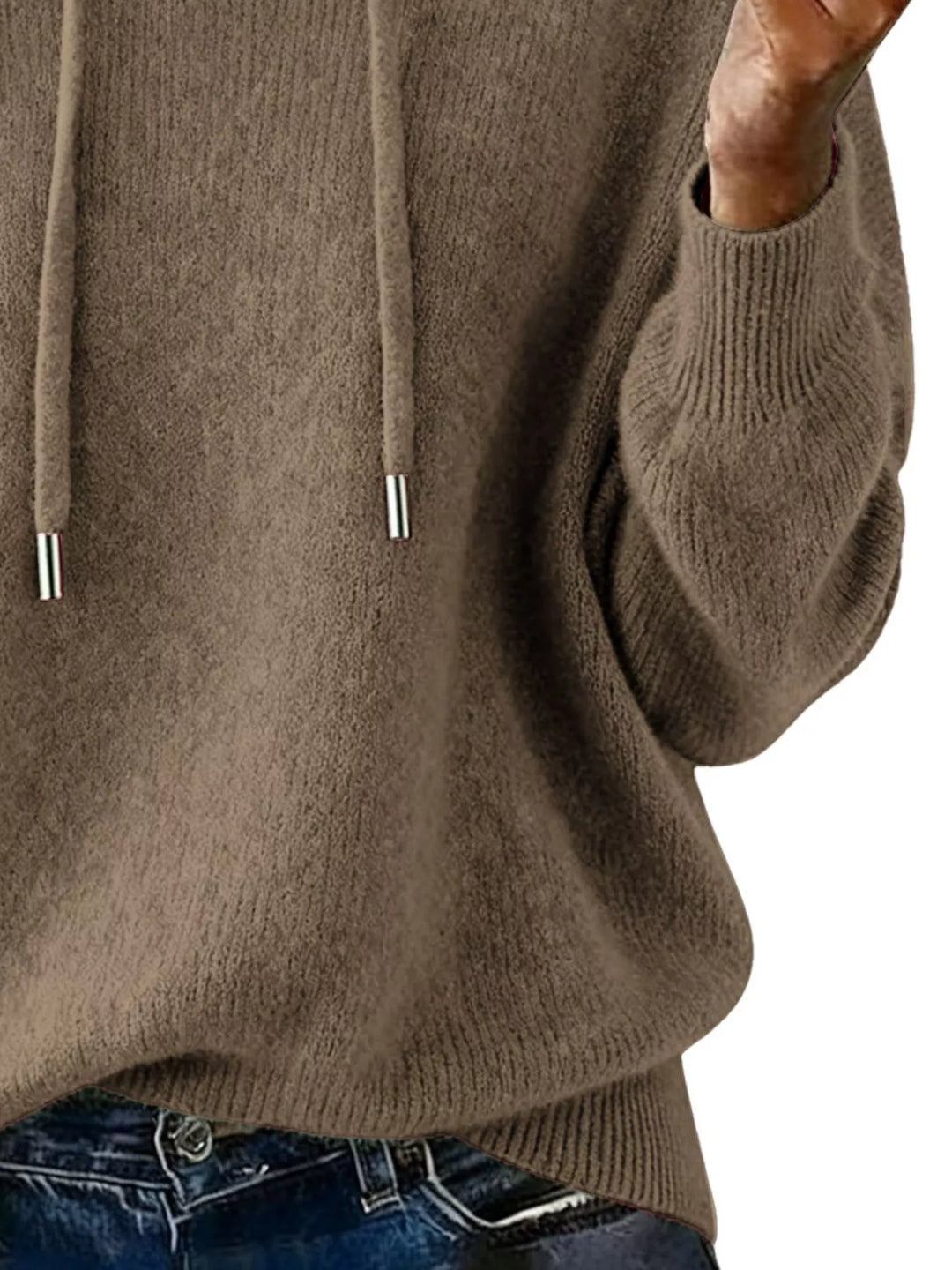 Drawstring hooded knit sweater with ribbed cuffs